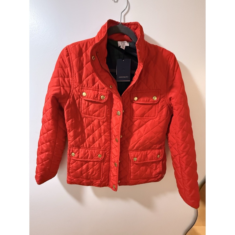 Crown & Ivy Quilted Barn Gold Detail Buttons & Zip Jacket Red NWT PS 99.00$